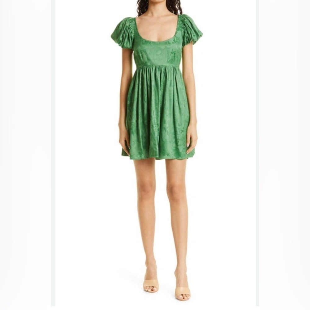 FLORAL JACQUARD BABYDOLL MINIDRESS IN EMERALD GREEN size S